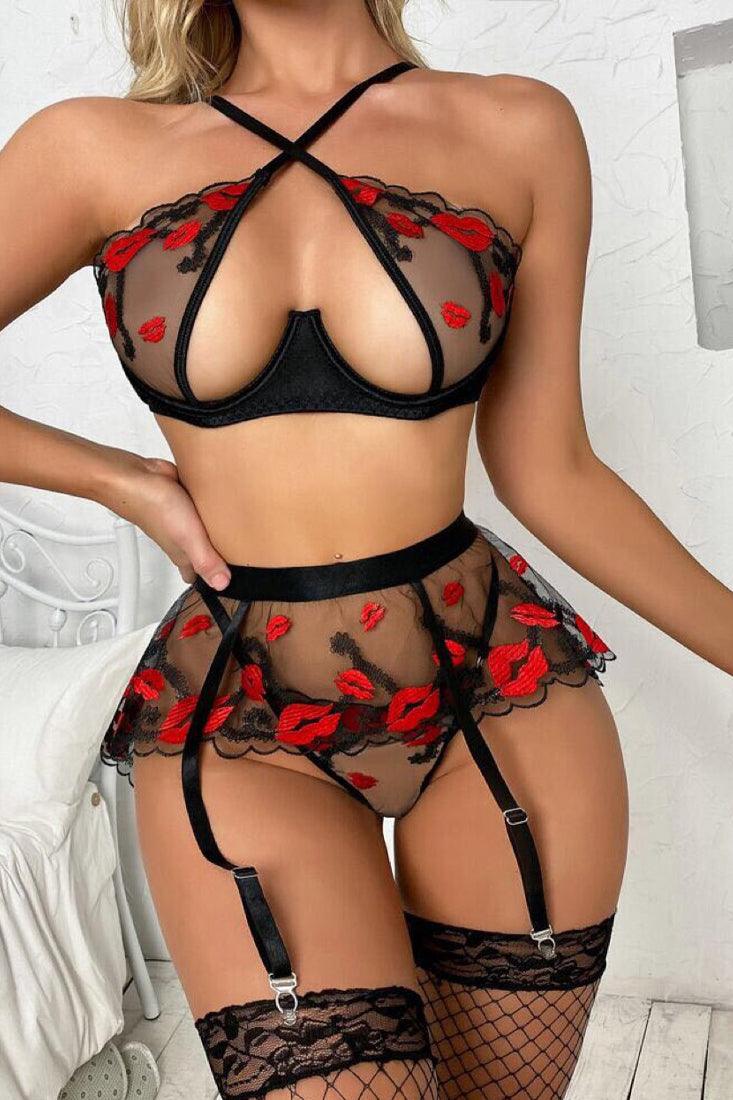 Black Red Lips Criss-Cross Mesh Lingerie 3 Pc Set Areous