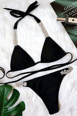 Black Rhinestone Criss-Cross Strappy 2 Pc Bikini Set Areous
