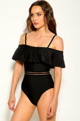 Black Ruffled Short Sleeve One Piece Monokini Areous