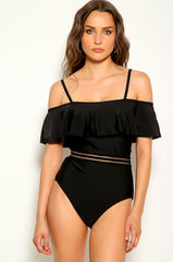 Black Ruffled Short Sleeve One Piece Monokini Areous