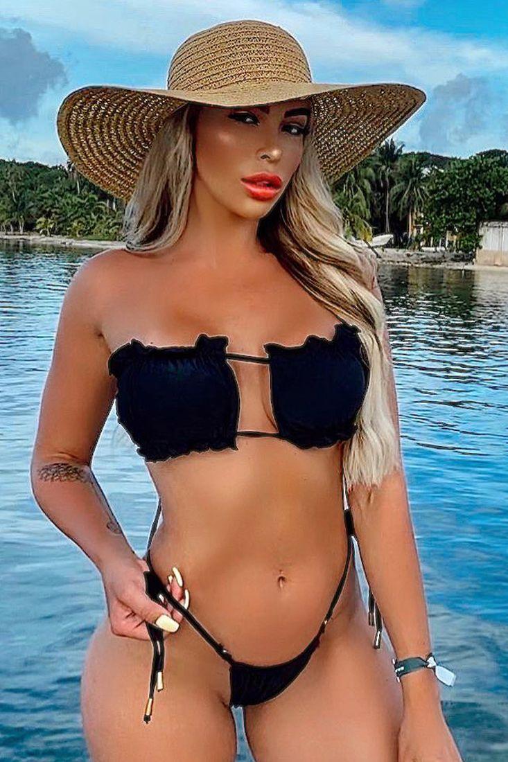 Black Ruffled Two Piece Swimsuit Areous