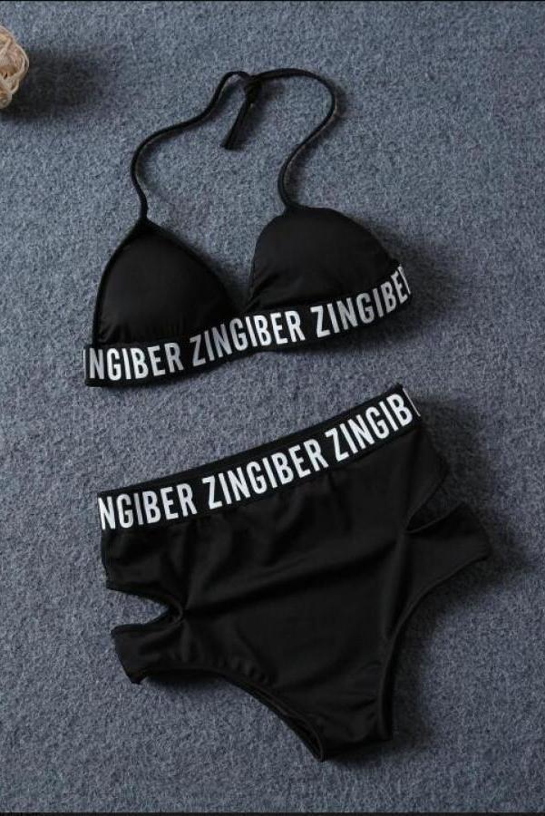 Black Sexy Letter Pattern Halter Bikini Set Areous