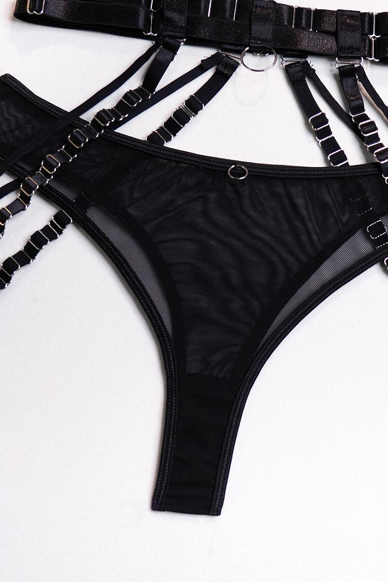 Black Sheer Mesh Bra Garter Lingerie Set With Choker Areous