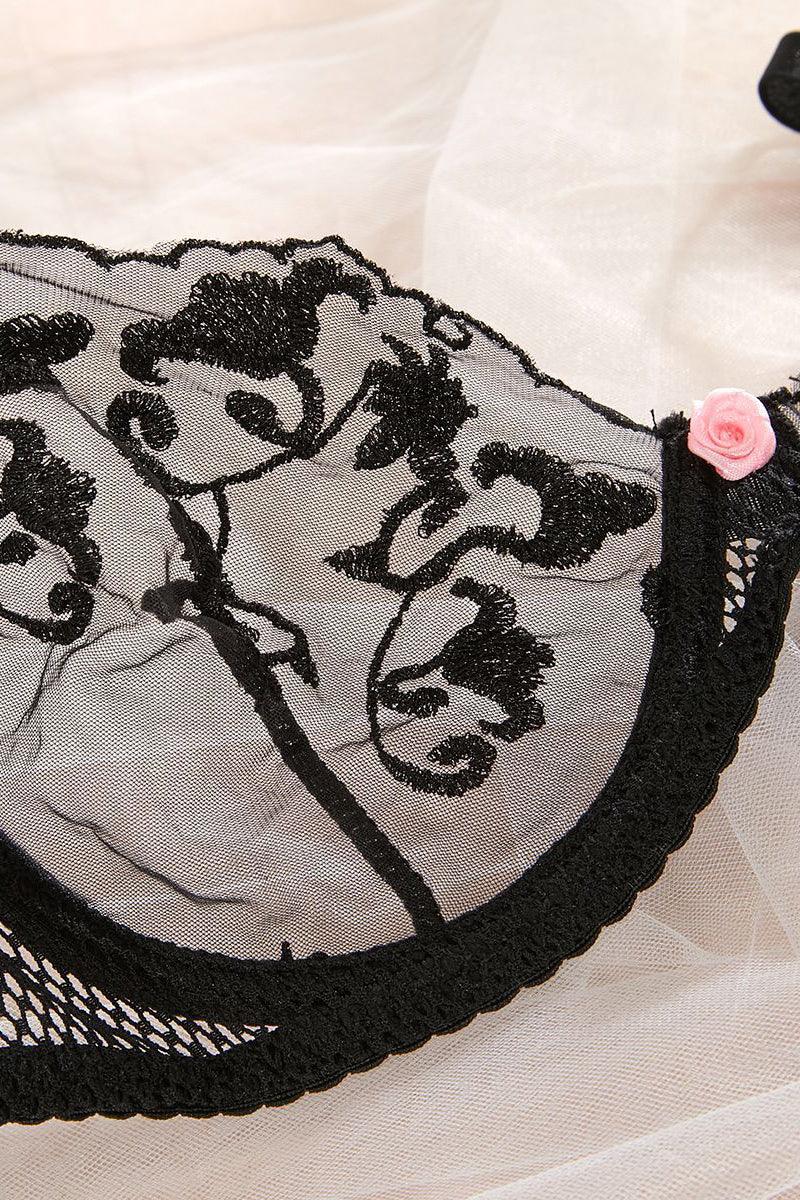 Black Sheer Mesh Pink Rose Detail Lingerie Set Areous