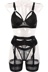 Black Sheer Mesh Underwire Elastic Garter 5 Pc Lingerie Set Areous