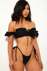 Black Short Sleeve Ruffled Two Piece Swimsuit Areous