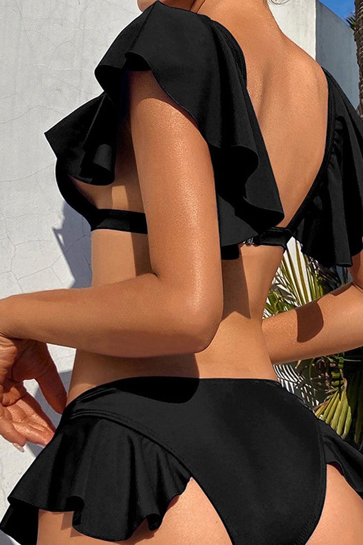 Black Short Sleeve Ruffled Two Piece Swimsuit Areous