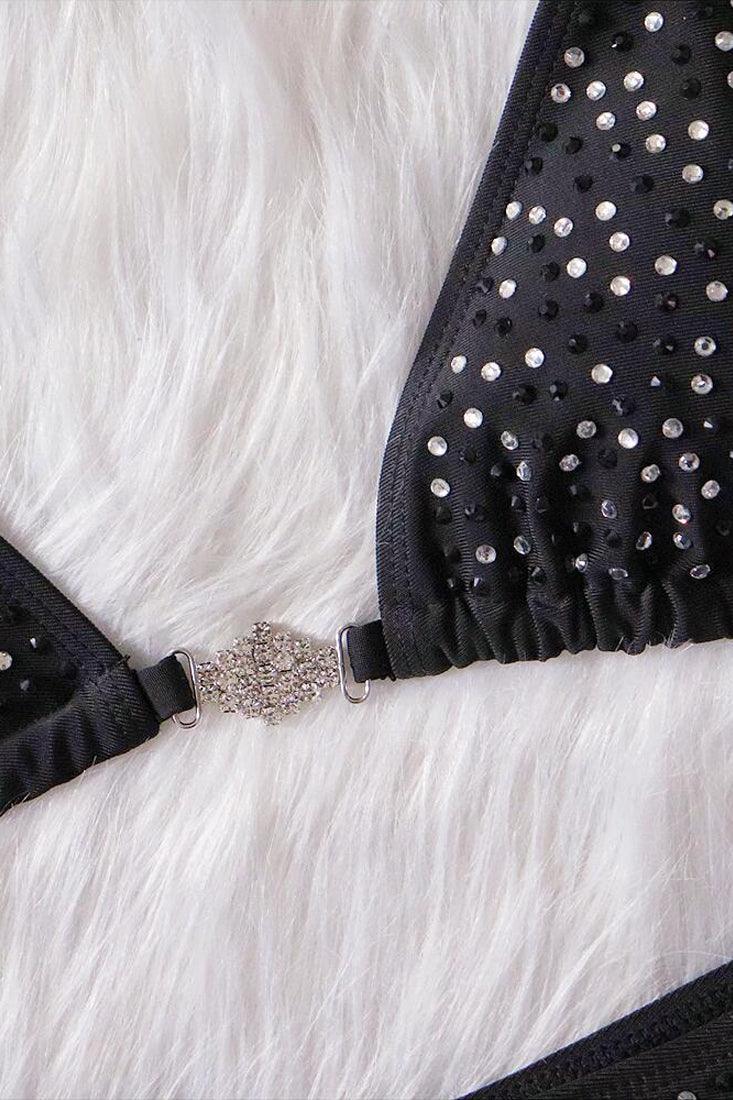 Black Silver Rhinestone Accent Two Piece Swimsuit Areous