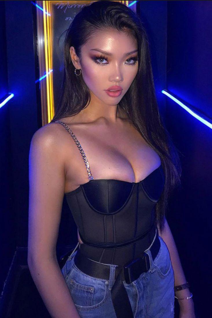 Black Sleeveless Chain Mesh Corset Piping Satin Teddy Areous