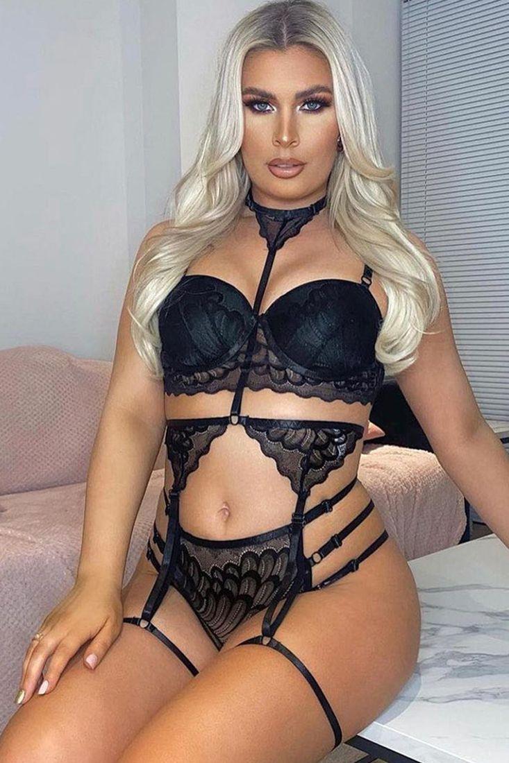 Black Sleeveless Embroidered Strappy Three Piece Lingerie Areous