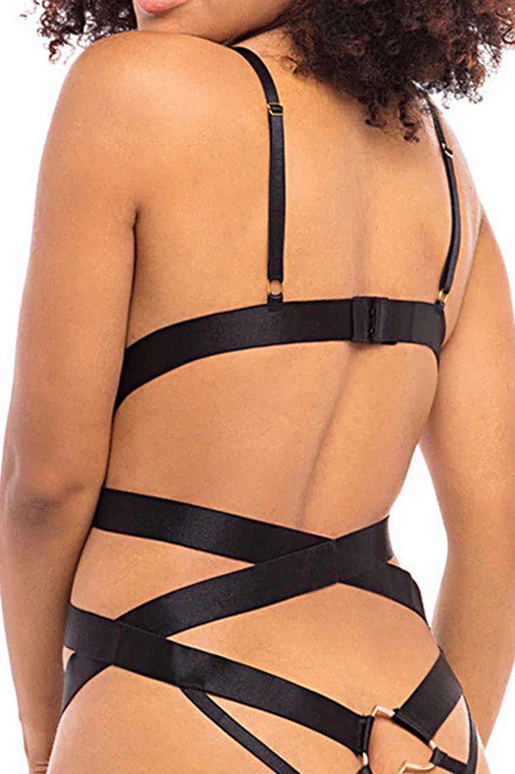 Black Sleeveless Heart Print Strappy Teddy Areous