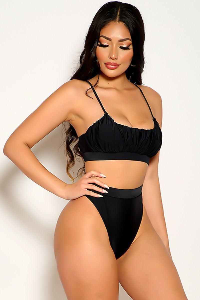 Black Sleeveless Ruched Mid Rise Two Piece Swimsuit Areous