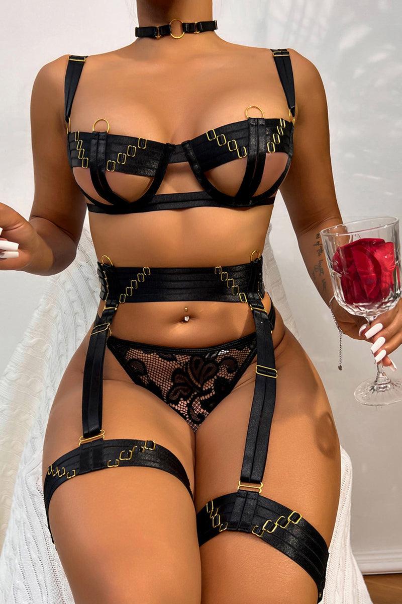 Black Strappy Cupless O-Ring Detail Lingerie Set Areous