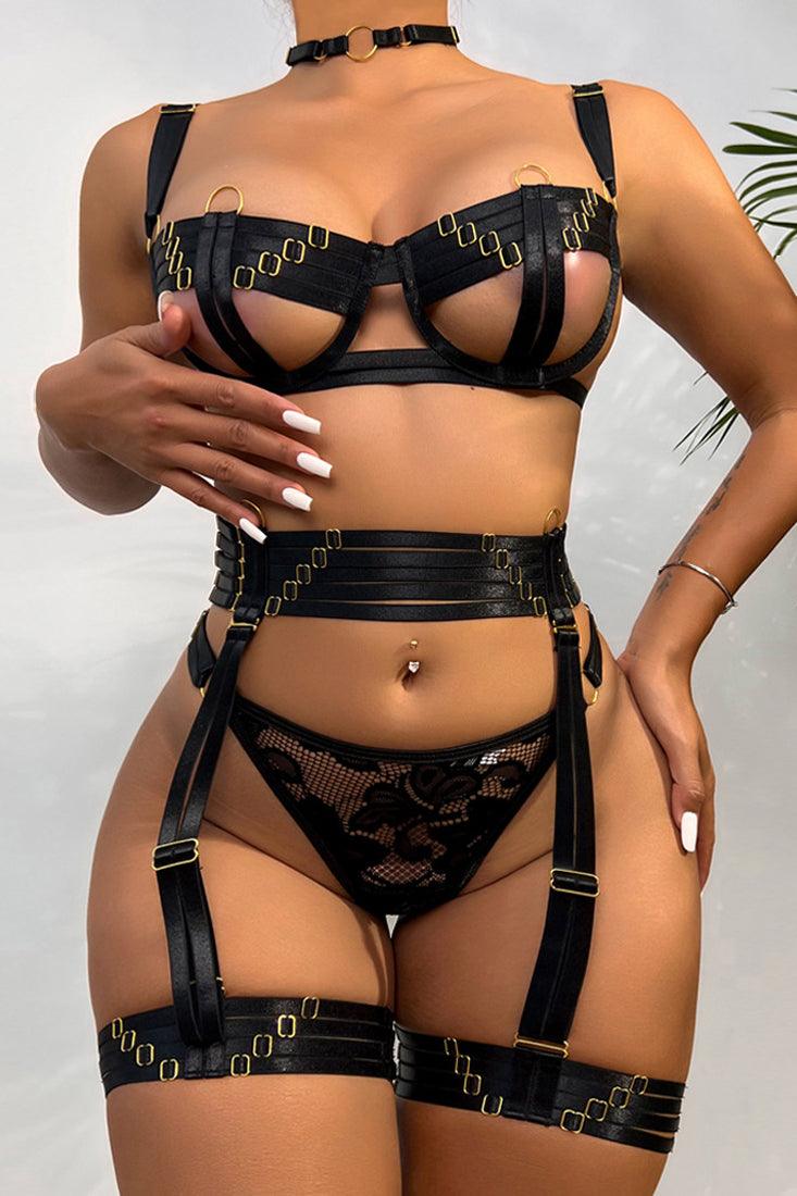Black Strappy Cupless O-Ring Detail Lingerie Set Areous