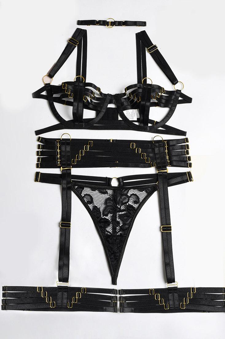 Black Strappy Cupless O-Ring Detail Lingerie Set Areous