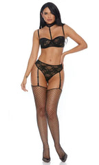 Black Strappy Lace Embroidered Intimate Set Areous