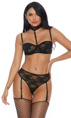 Black Strappy Lace Embroidered Intimate Set Areous