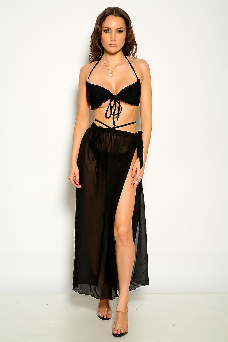 Black Strappy Mesh Three Piece Swimsuit Areous