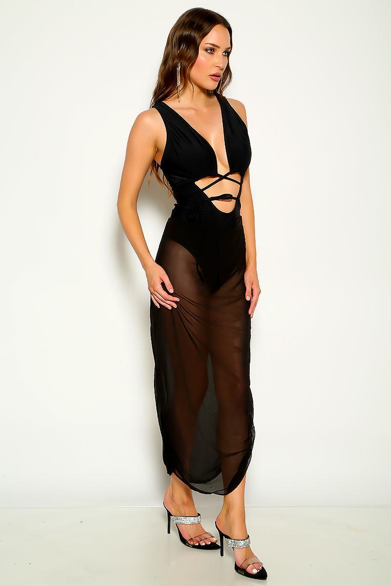 Black Strappy Mesh Two Piece Monokini Coverup Swimsuit Set Areous