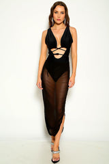 Black Strappy Mesh Two Piece Monokini Coverup Swimsuit Set Areous