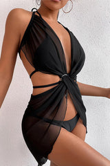 Black Strappy Ring Linked Halter 3 Pc Mesh Cover Up Areous
