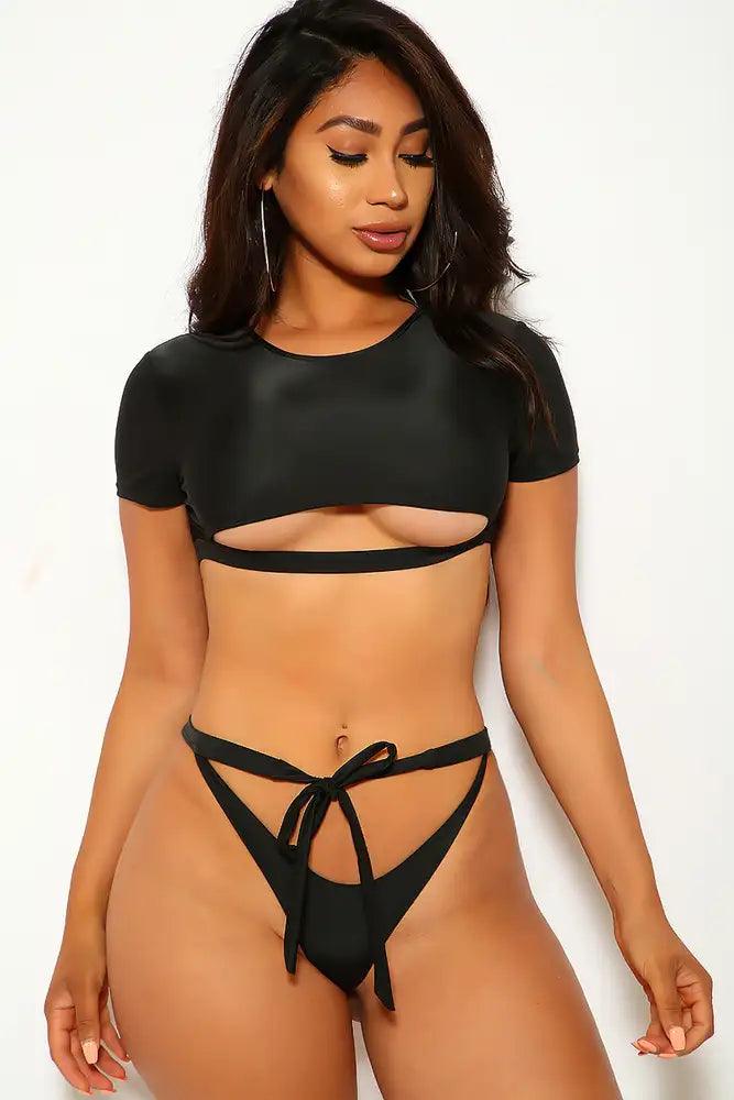 Black Strappy Short Sleeves Crop Top Two Piece Swimsuit Areous