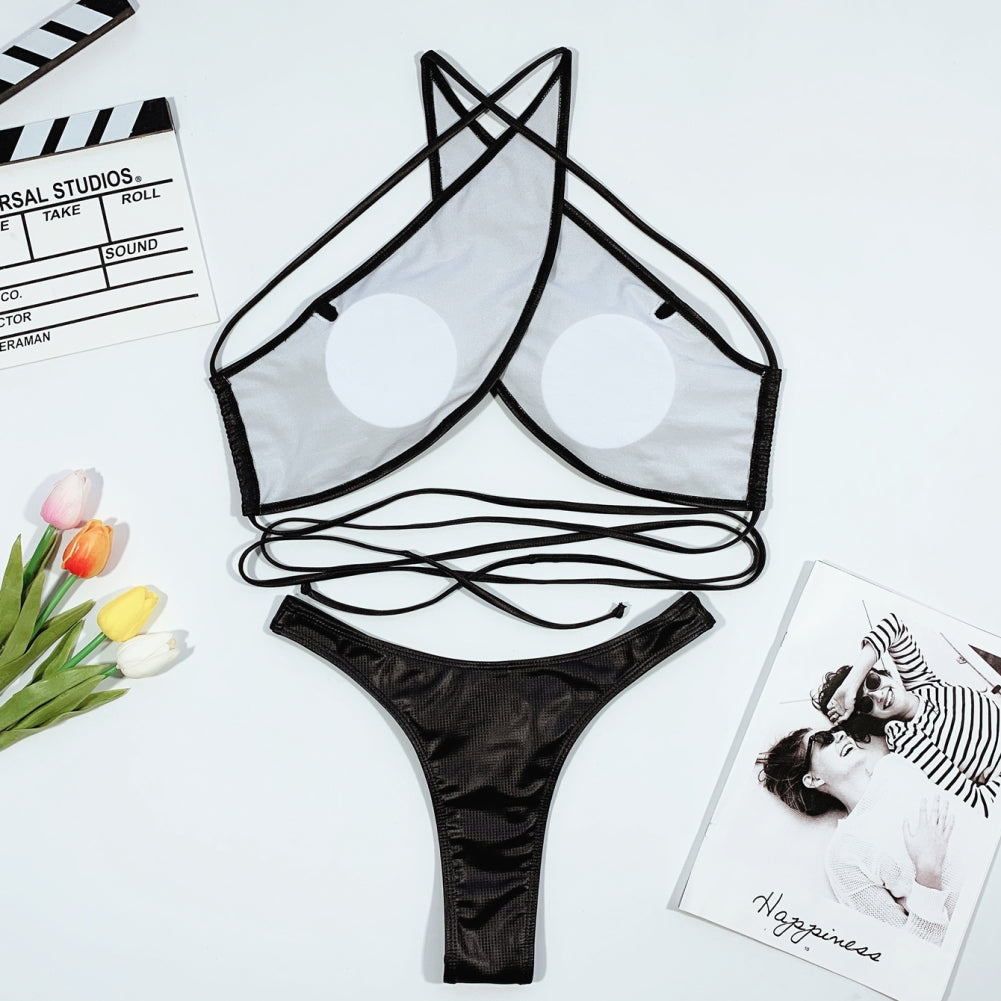 Black Two Piece Cross Halter Swimwear Areous