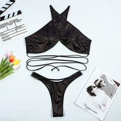 Black Two Piece Cross Halter Swimwear Areous