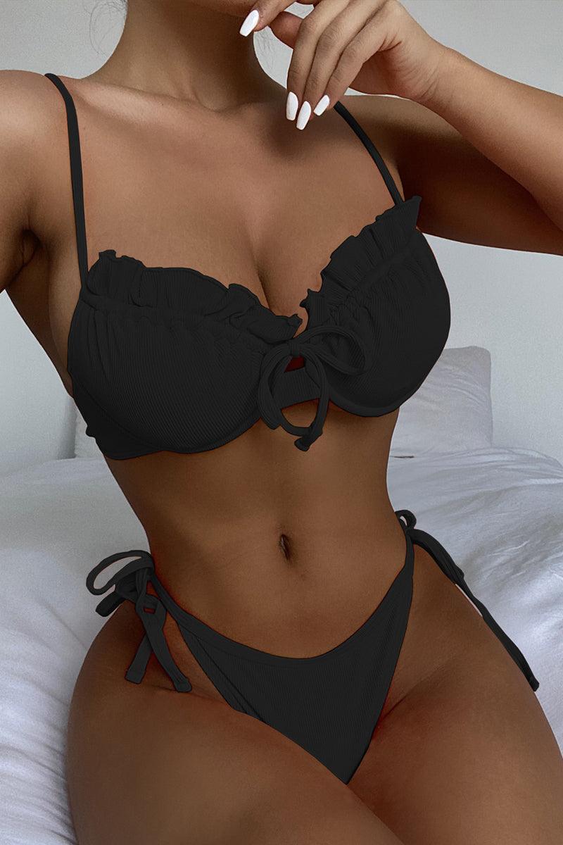 Black U Underwire Ruffled Two Piece Swimsuit Areous
