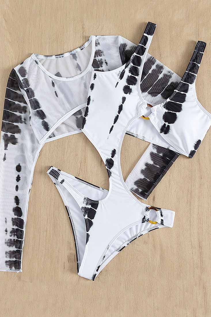 Black White Cut Out Monokini With Long Sleeve Pullover Cover Up Areous