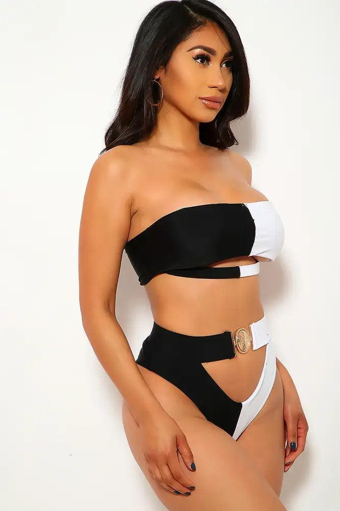 Black White Cut Out Padded Two Piece Swimsuit Areous