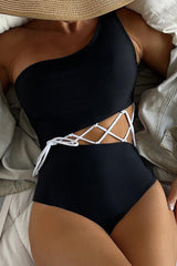 Black White Padded Lace Up Cheeky One Piece Monokini Areous
