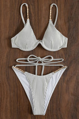 Black White Rib Chain Linked Lace Up Underwire Bikini Swimsuit Areous