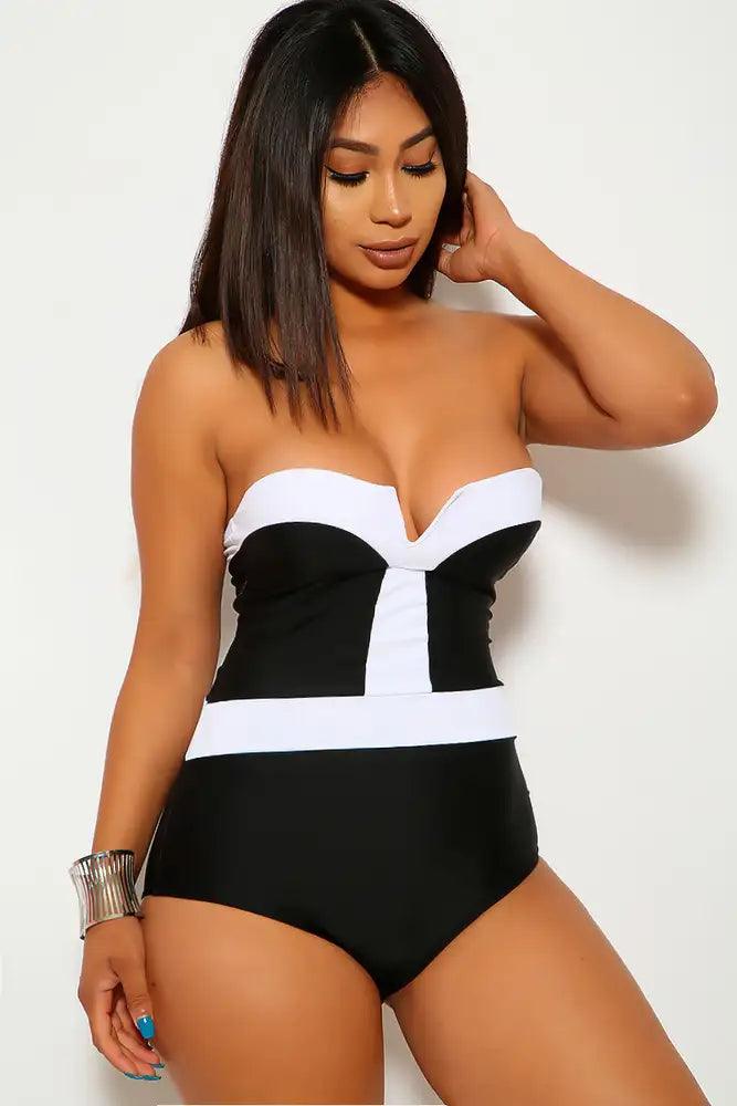 Black White Two Tone Strapless One Piece Swimsuit Areous