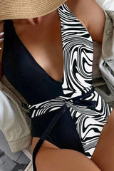 Black White Zebra Print Deep V-Cut Monokini Areous