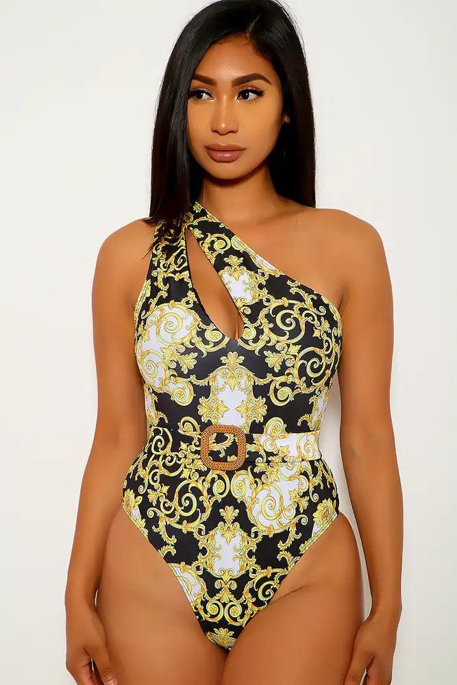 Black Yellow Printed One Piece Swimsuit Areous
