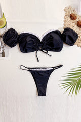 Black and White side Ruffle Bikini Set Areous