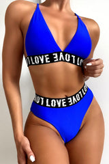 Blue Black Love Print Two Piece Swimsuit Areous