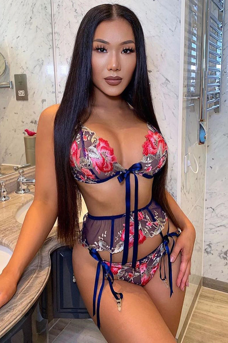 Blue Floral Embroidery Mesh Ribbon Lingerie 3 Pc Set Areous