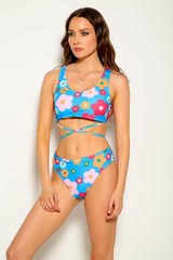 Blue Floral Print Strappy Two Piece Swimsuit Areous