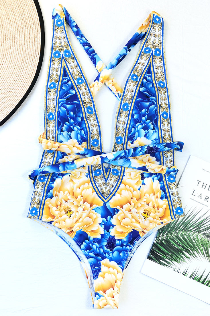 Blue Italian Print V-Neck Criss-Cross Straps One Pc Swimsuit Areous