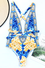 Blue Italian Print V-Neck Criss-Cross Straps One Pc Swimsuit Areous