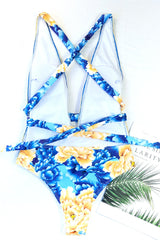 Blue Italian Print V-Neck Criss-Cross Straps One Pc Swimsuit Areous