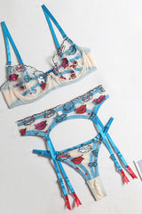 Blue Lips Embroidery Mesh Underwire Lingerie 3 Pc Set Areous