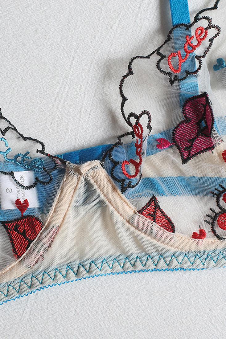 Blue Lips Embroidery Mesh Underwire Lingerie 3 Pc Set Areous