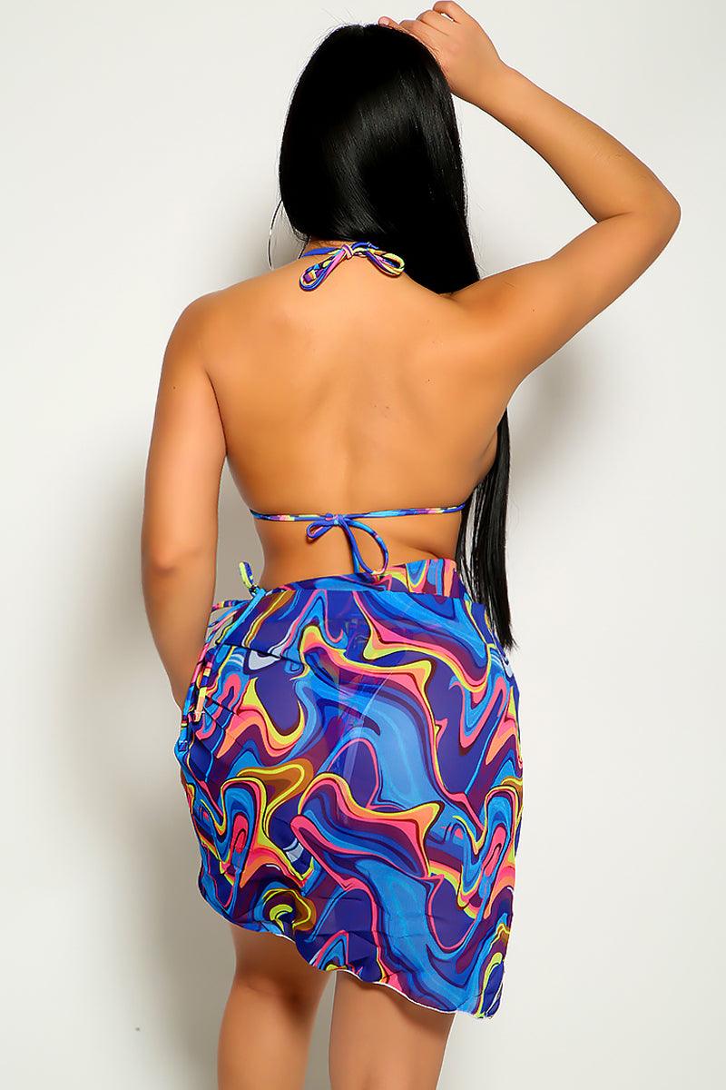 Blue Multi Geometric Print Three Piece Swimsuit Areous