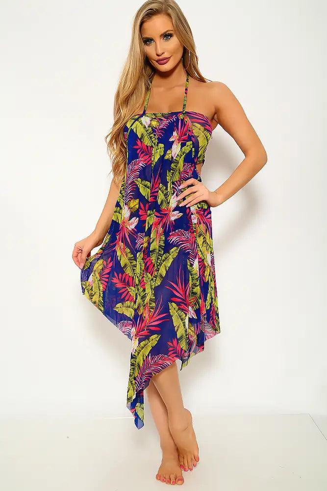 Blue Pink Floral Monokini Two Piece Swimsuit Set Areous