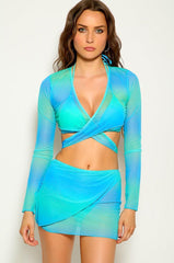 Blue Printed Strappy Four Piece Swimsuit Areous
