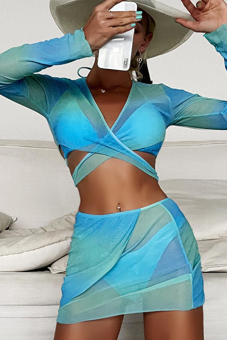 Blue Printed Strappy Four Piece Swimsuit Areous