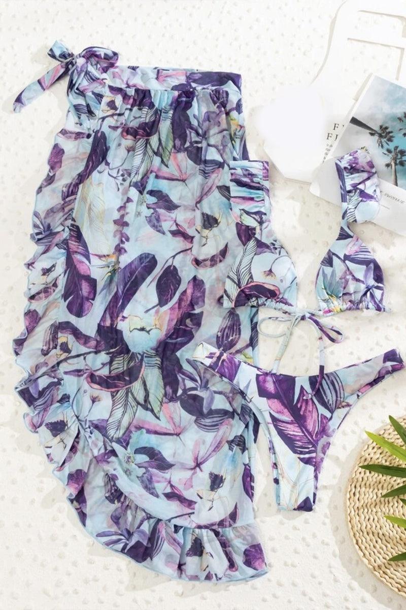 Blue Purple Floral Print Ruffled Three Piece Swimsuit Areous